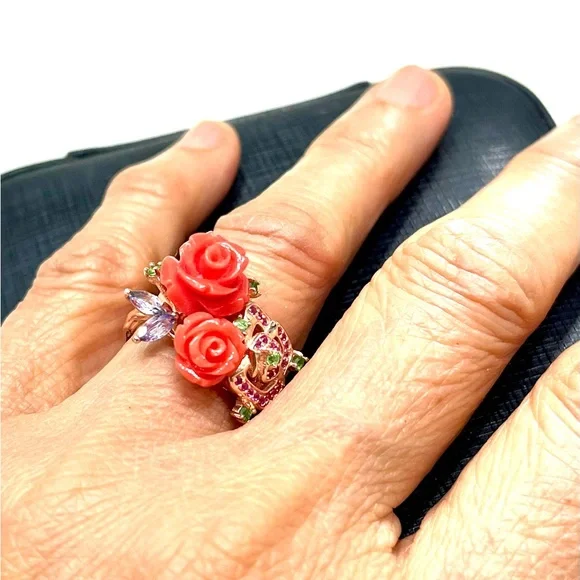 Natural Coral Emerald Aquamarine Garnet 14KGP Ring - Picture 6 of 6